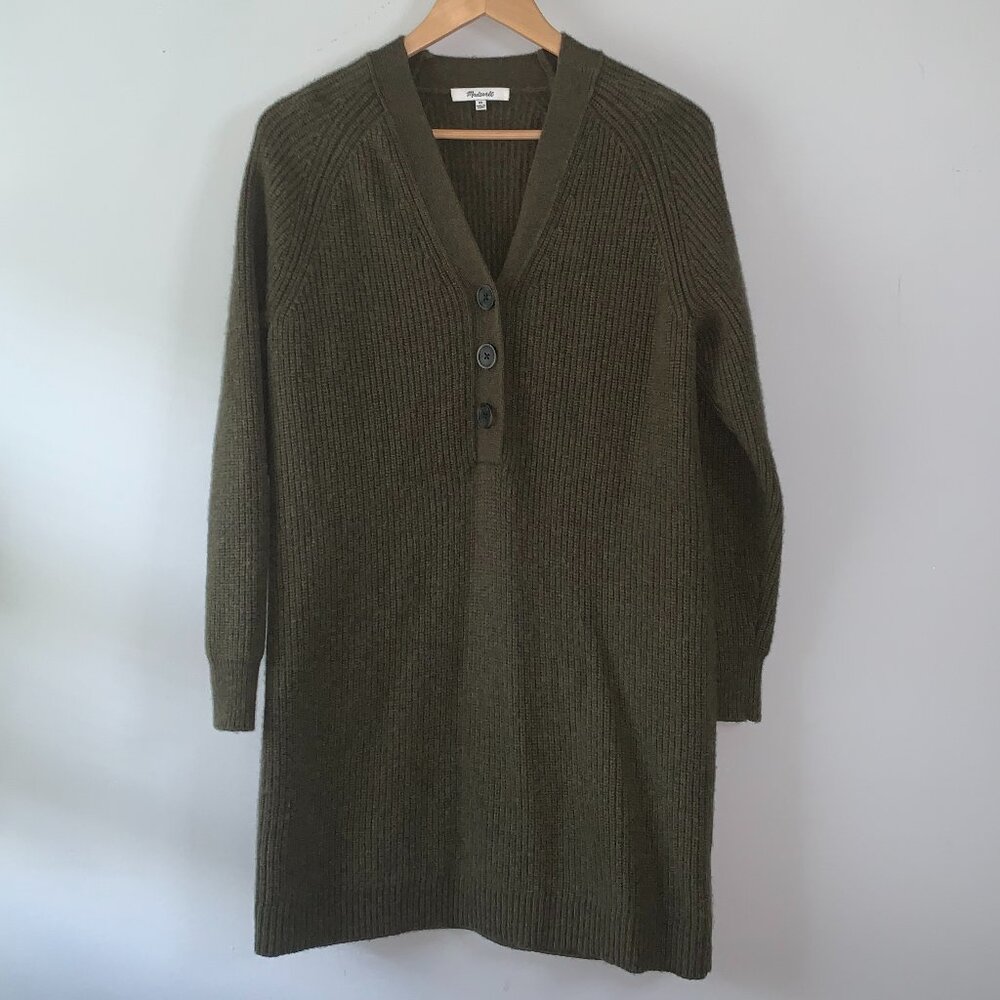 Madewell Olive Green Knit Wool Button Down Long Sleeve Sweater Mini Dress XS